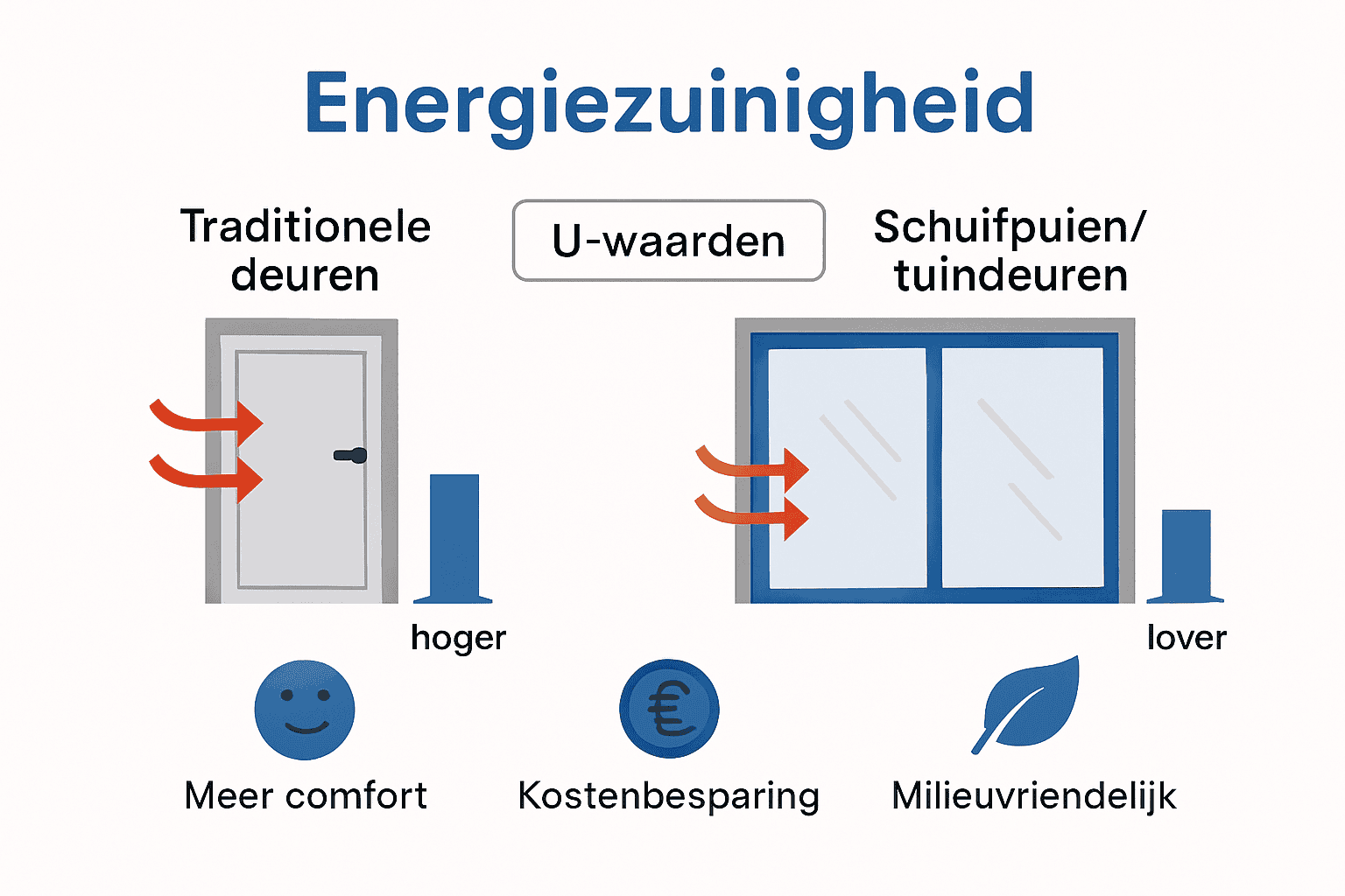 Infographic vergelijking energie en isolatie schuifpuien versus traditionele deuren