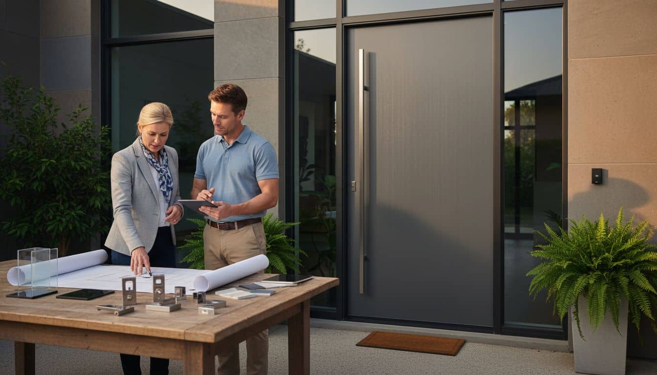 Architect and homeowner planning aluminium door installation