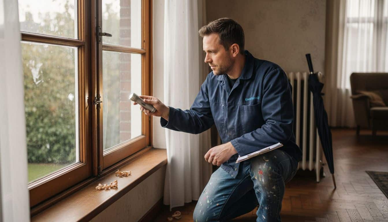 Contractor inspecting large window frame