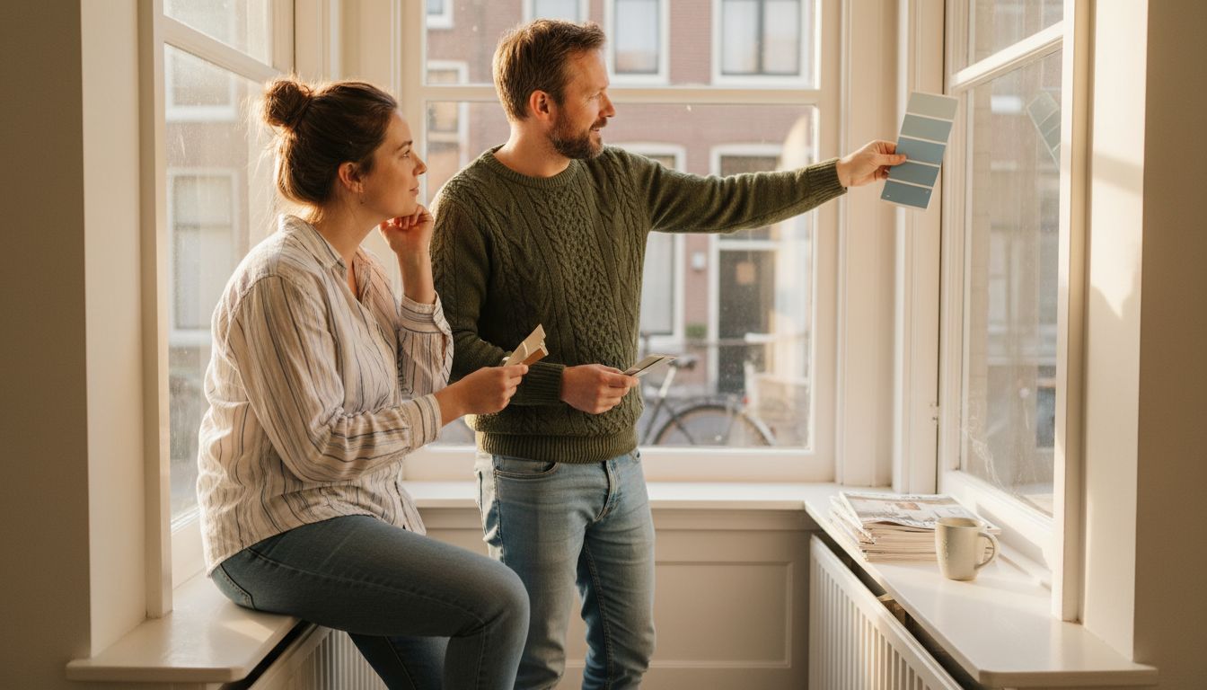 Couple comparing color swatches by window