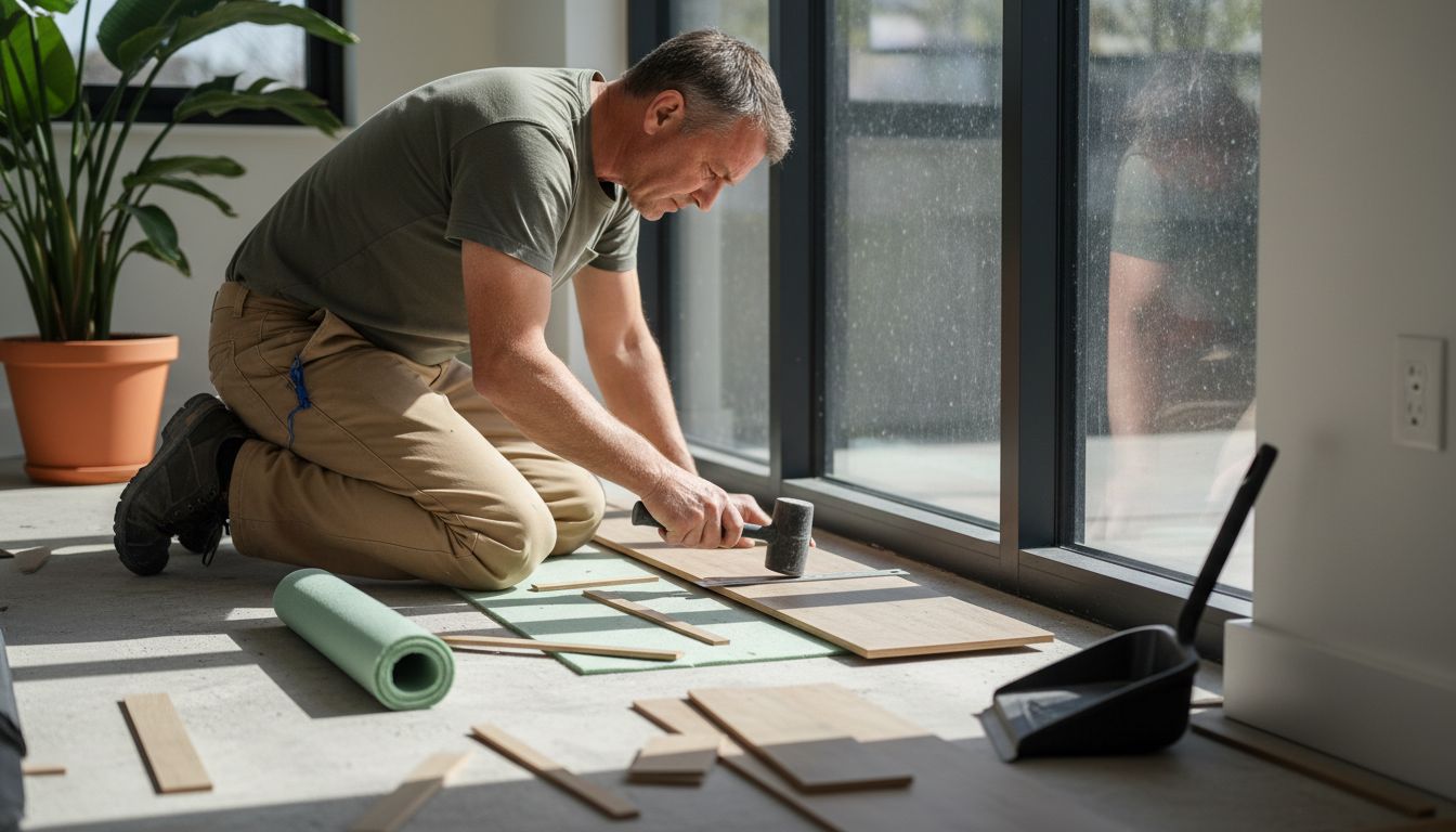 Contractor finishing floor near black window frame