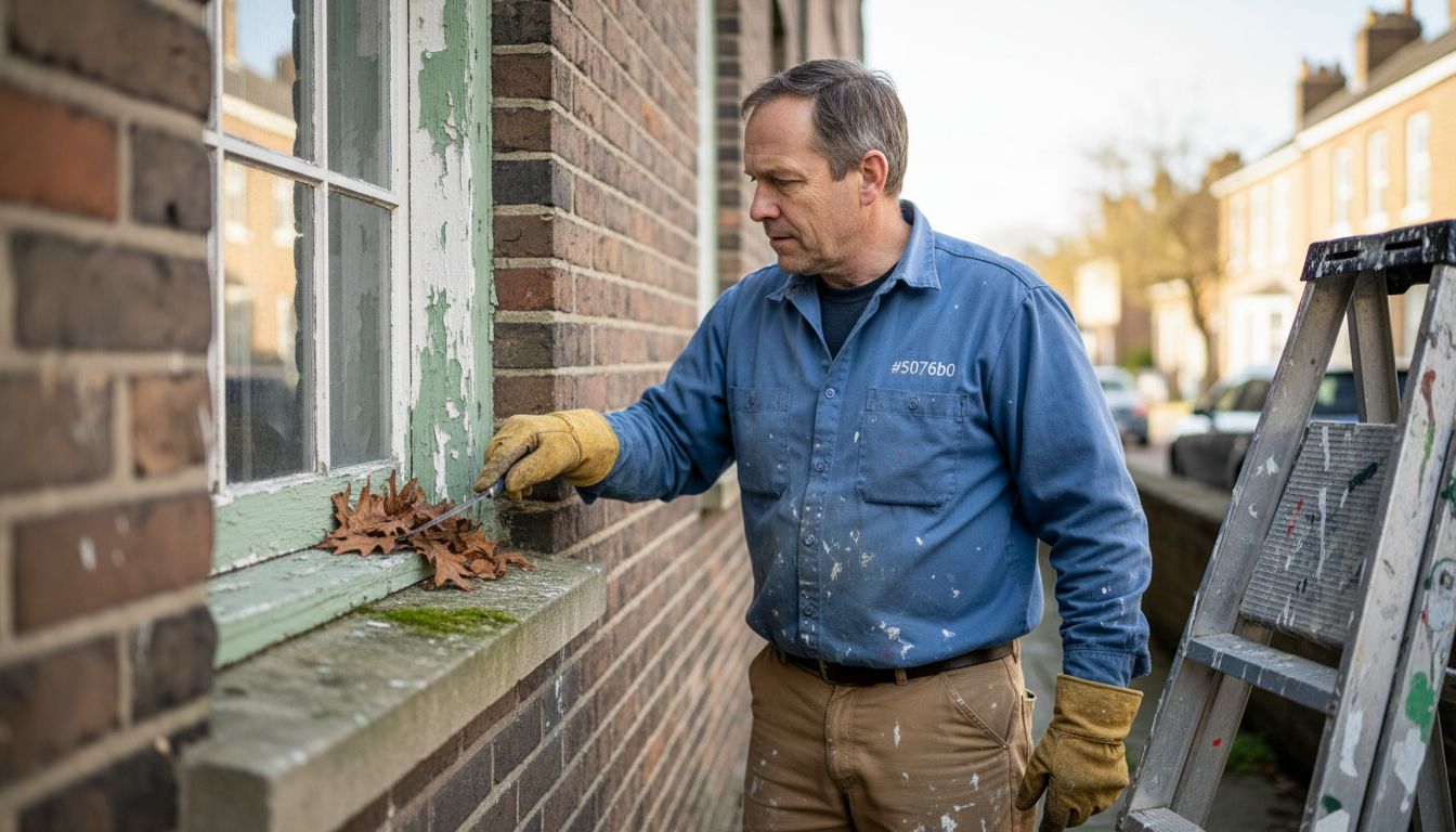 Man inspects wooden window frame outside home