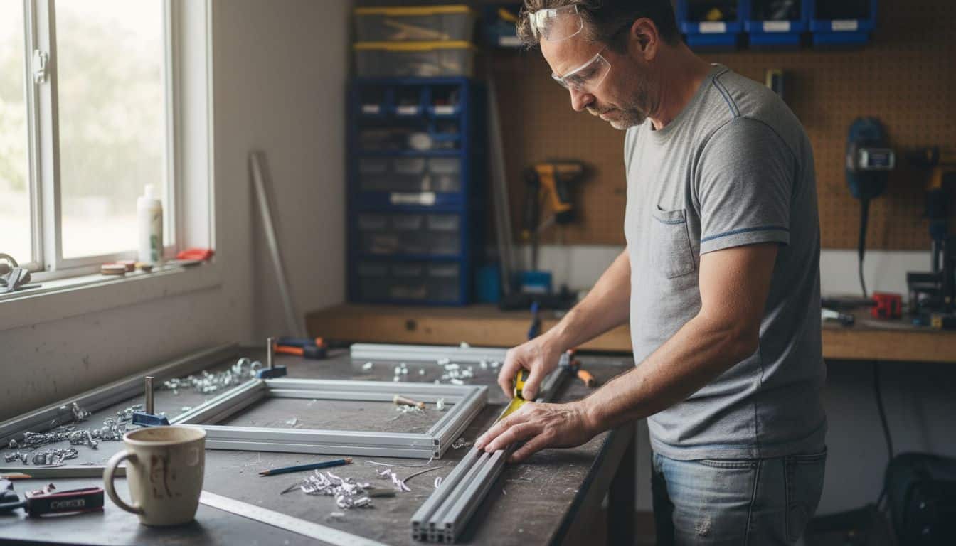 Man measuring aluminium profiles in workshop