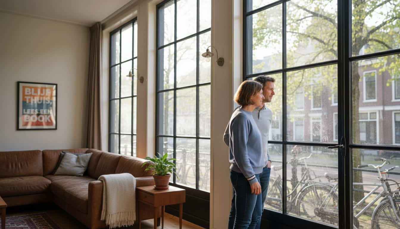 Een stel bewondert de aluminium kozijnen in hun woning.