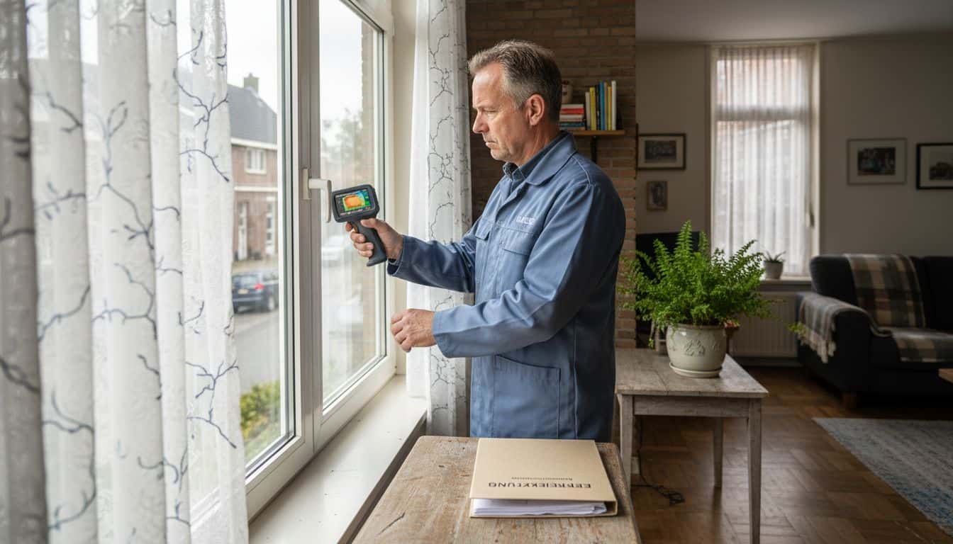 Een energieadviseur controleert binnenshuis een aluminium raam op isolatie en energiezuinigheid.