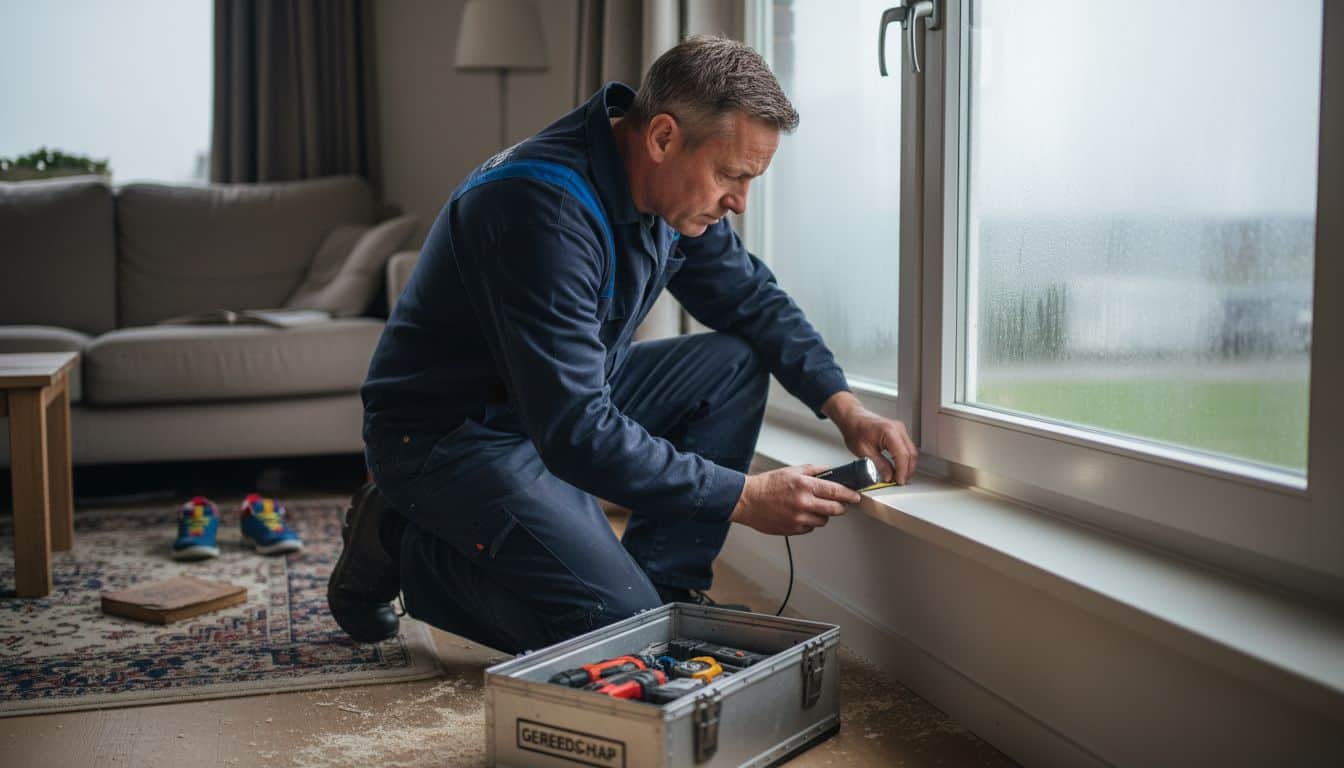 Een monteur bekijkt het kozijn in de woonkamer nauwkeurig.