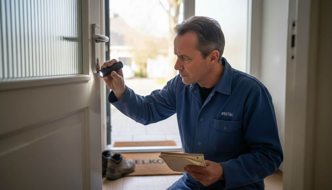Een man controleert of de aluminium deur goed beveiligd is.