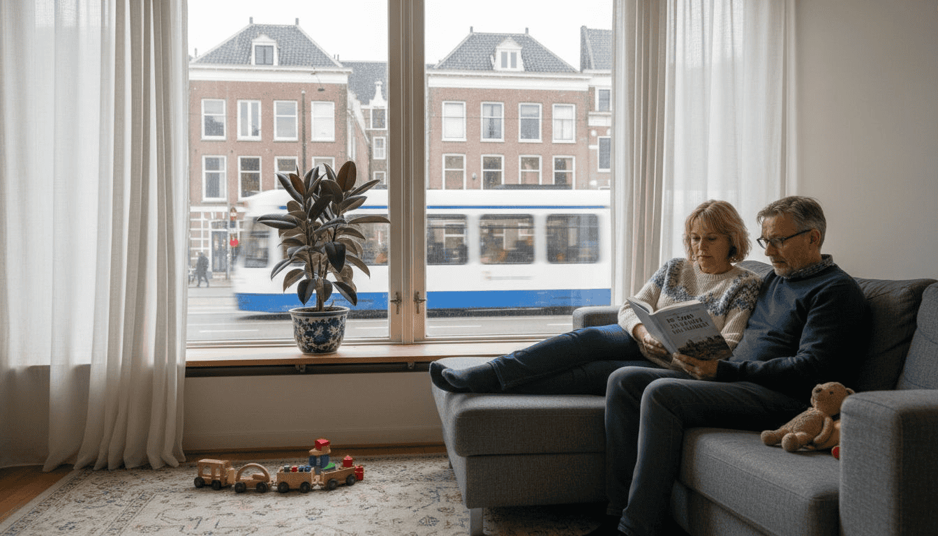 Stelletje geniet samen van een ontspannen moment in hun rustige woonkamer midden in de stad.