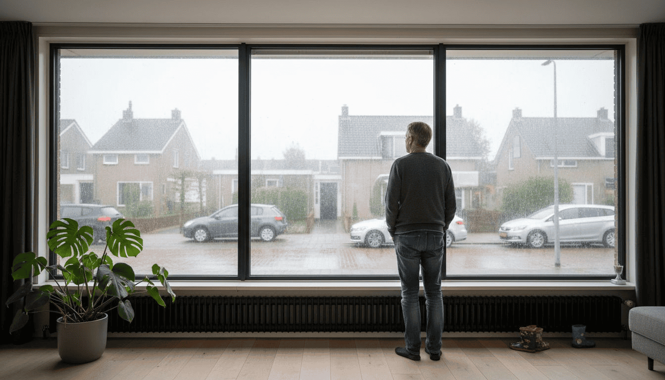 Een huiseigenaar bewondert de aluminium kozijnen in zijn moderne woonkamer.