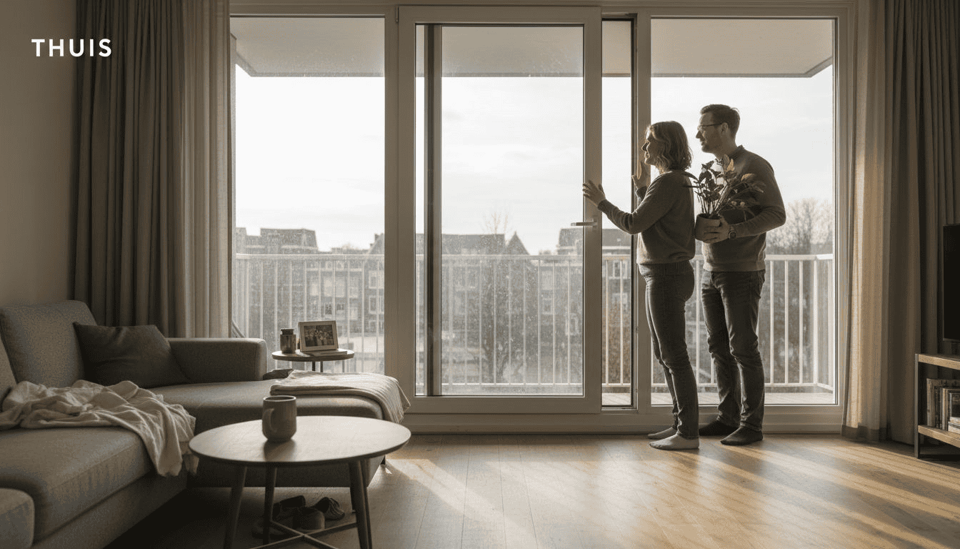 Een stel opent samen de glazen schuifdeur naar het balkon van hun appartement.