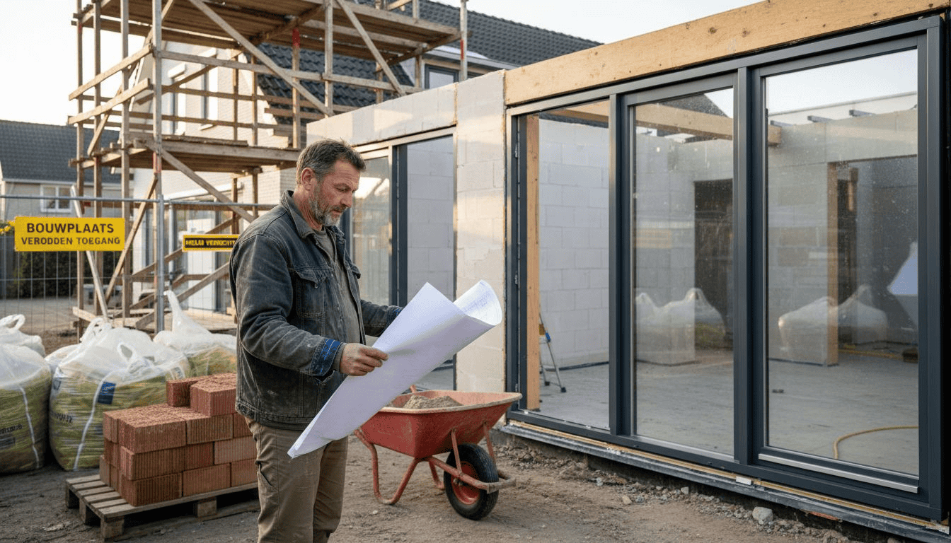 De aannemer bekijkt de nieuwe aluminium kozijnen bij de uitbouw van de woning.