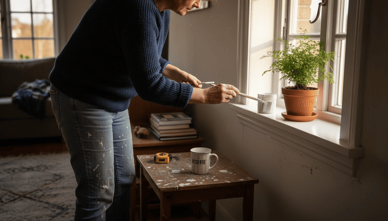 Een huiseigenaar die de kozijnen in de woonkamer een frisse verflaag geeft.