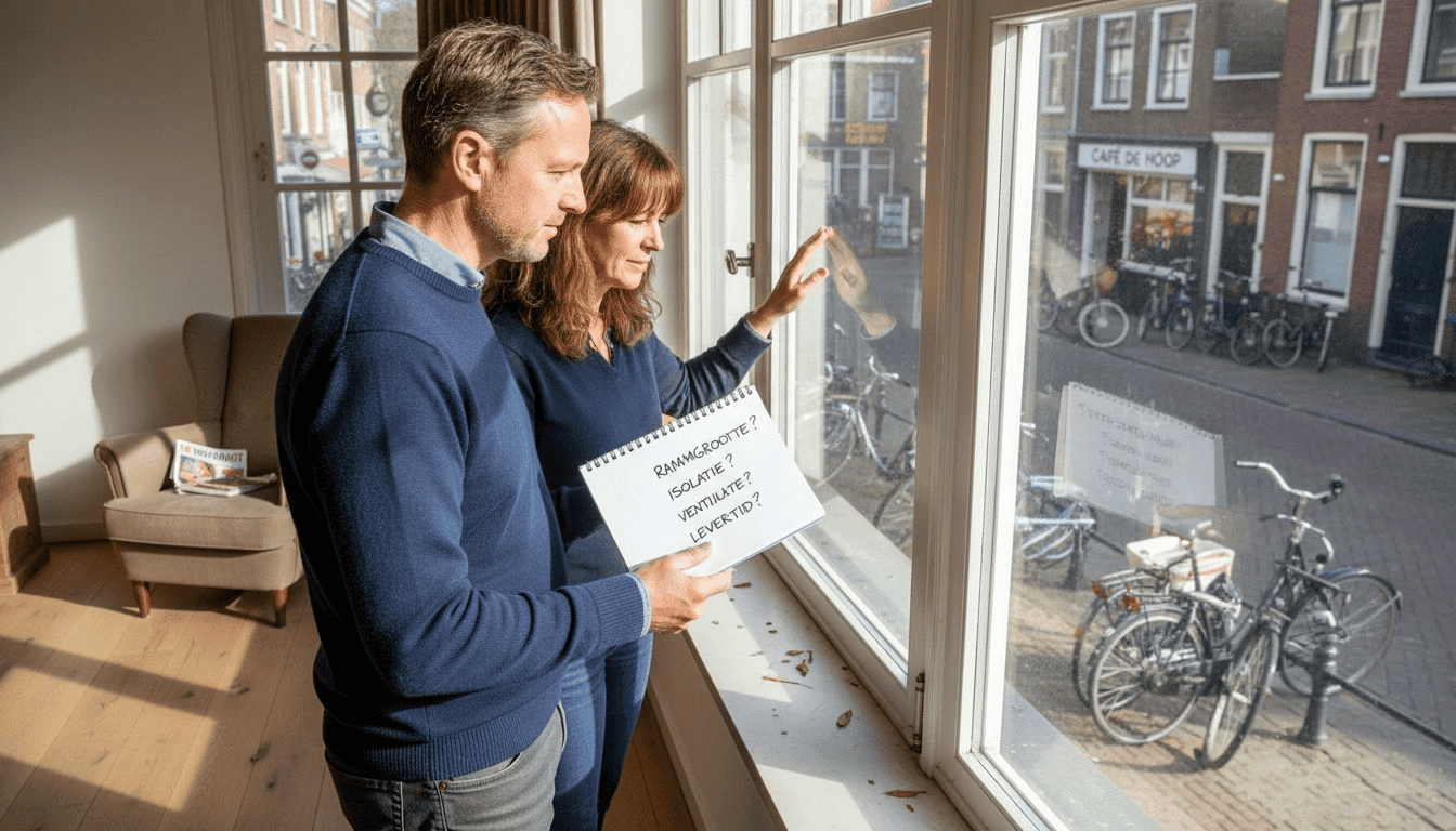 Een stel bekijkt samen ramen met een aluminium kozijn.