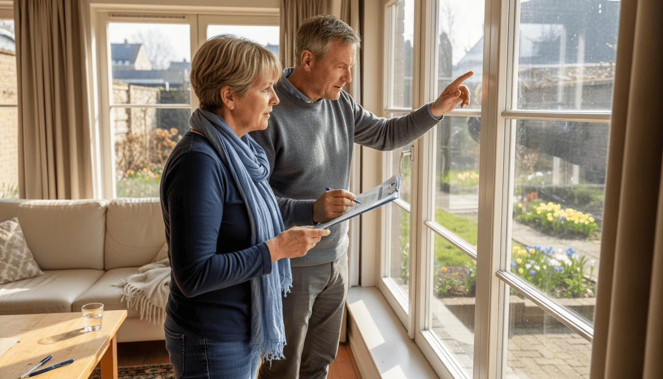 Een stel bekijkt samen het resultaat van hun nieuw geplaatste aluminium kozijnen.