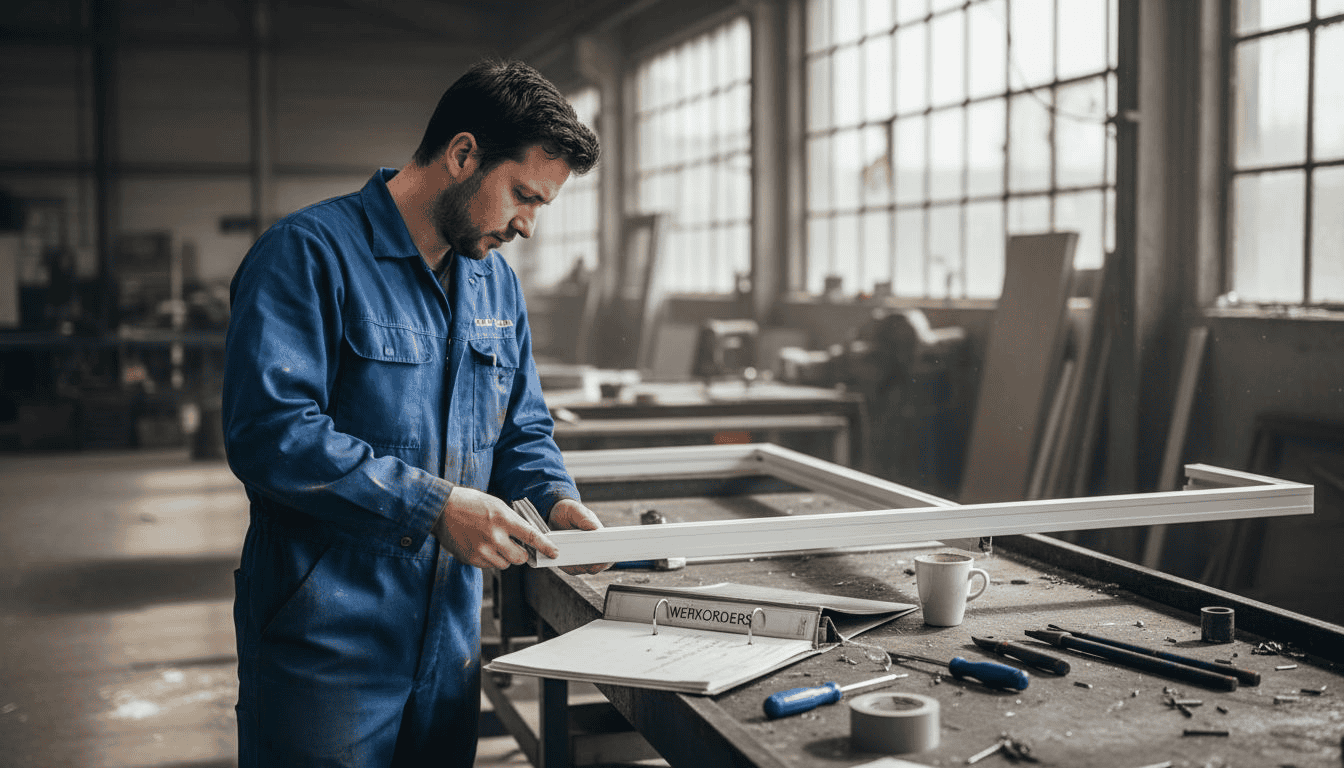Een monteur is bezig met het bewerken van een aluminium kozijnprofiel.