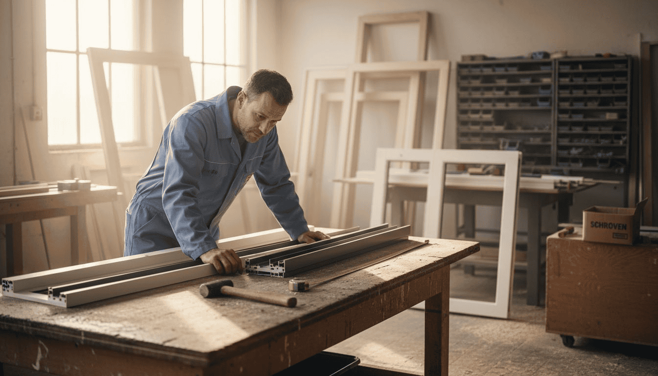 Een monteur inspecteert de profielen van ramen en deuren.