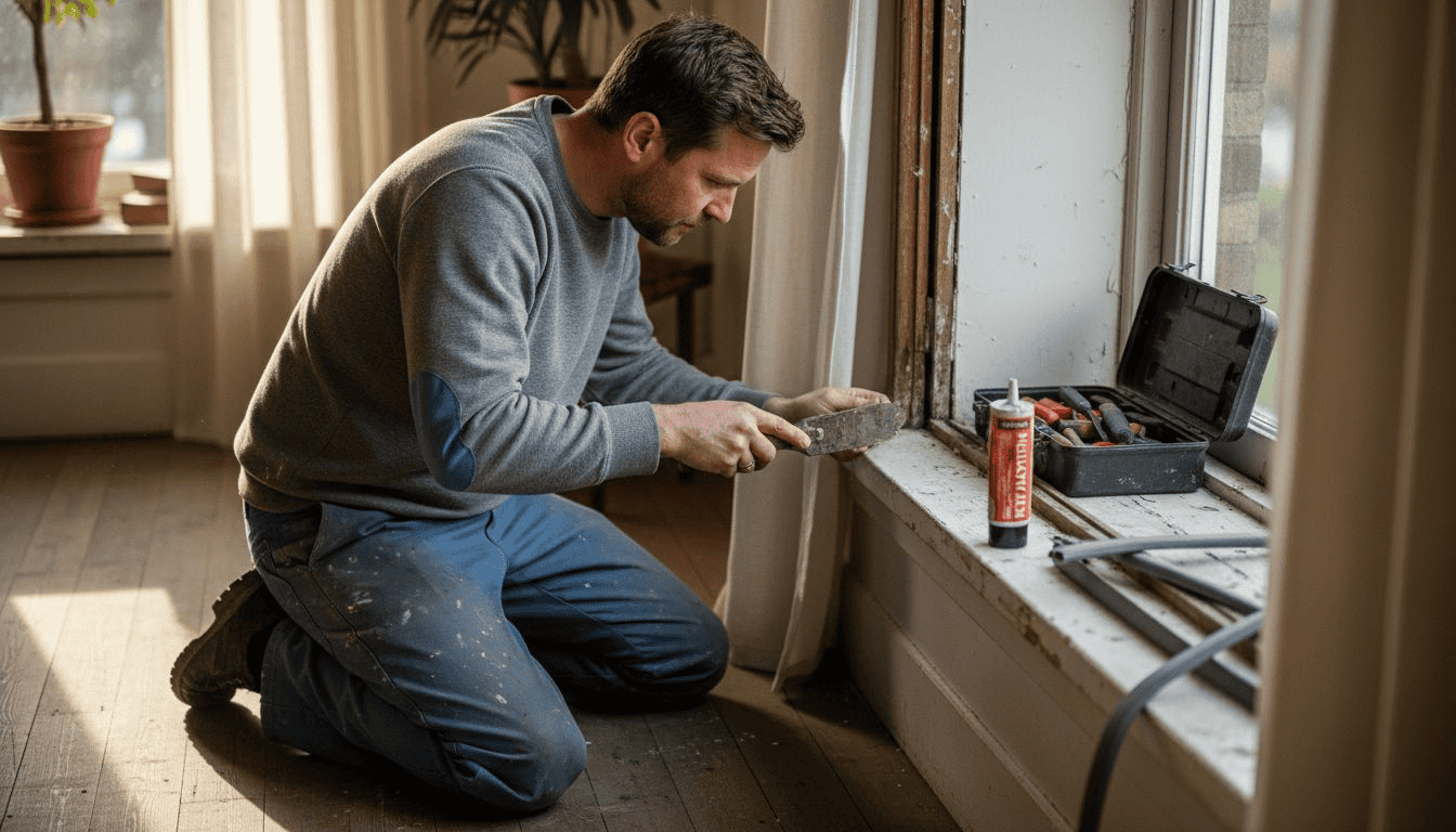 Een man controleert het kozijn op mogelijke lekkages.