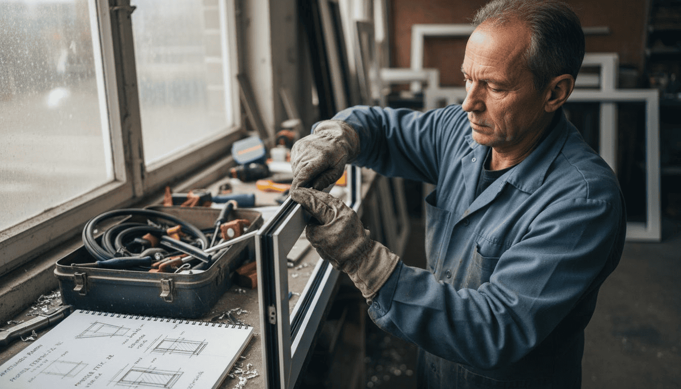 Monteur plaatst rubberafdichting in aluminium kozijn