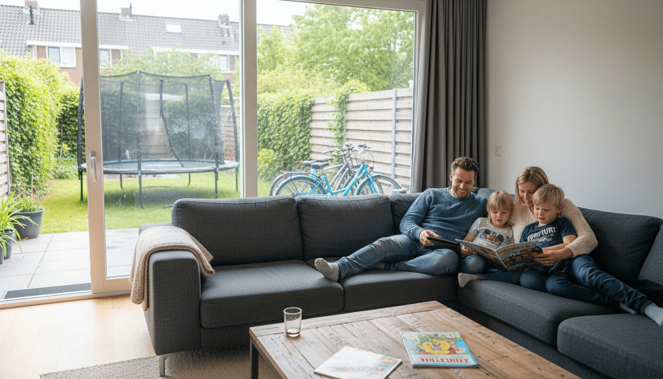 Een gezin geniet samen van de woonkamer, met openslaande deuren die uitkomen op de tuin.