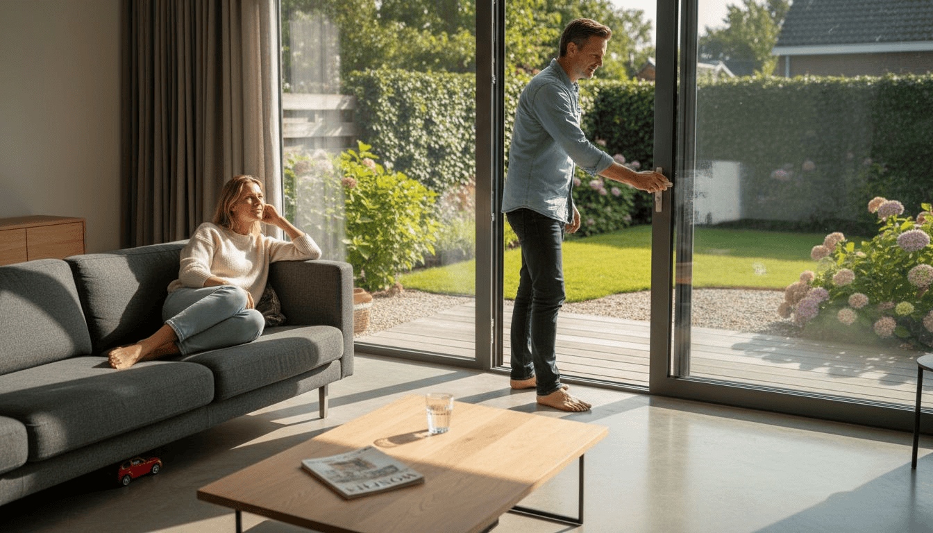 Stelletje bij de aluminium schuifpui in een lichte woonkamer