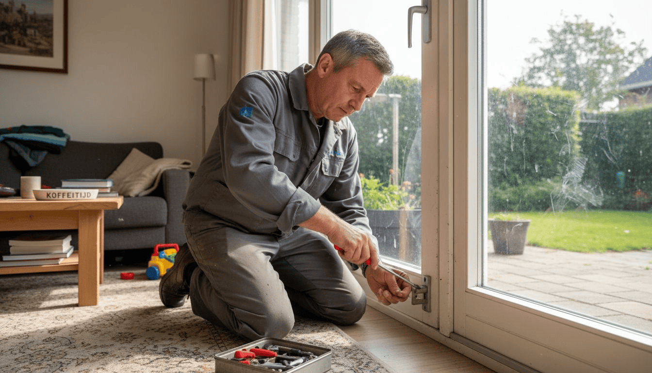 Een klusjesman is bezig het slot van de schuifpui te vervangen.