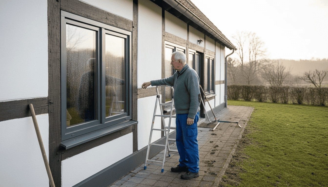 Een man controleert het kunststof kozijn aan de buitenkant van zijn huis.