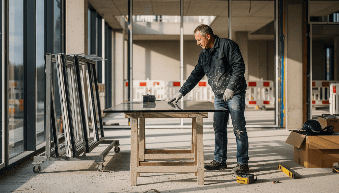 Een glaszetter controleert de kwaliteit van het driedubbel glas voordat het in de kozijnen wordt geplaatst.