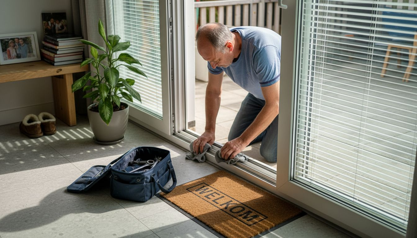 Man maakt het aluminium schuifpui schoon