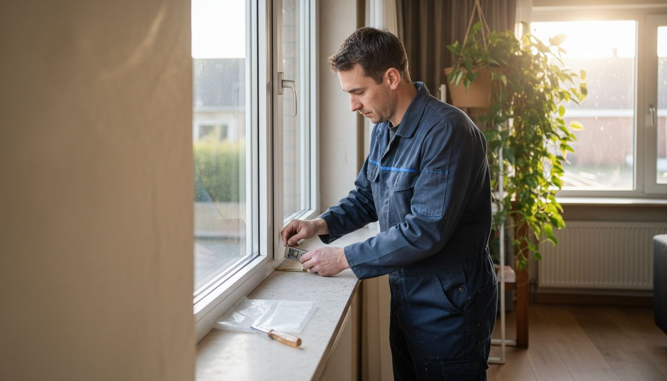 Een vakman inspecteert de aluminium kozijnen op kwaliteit en werking.