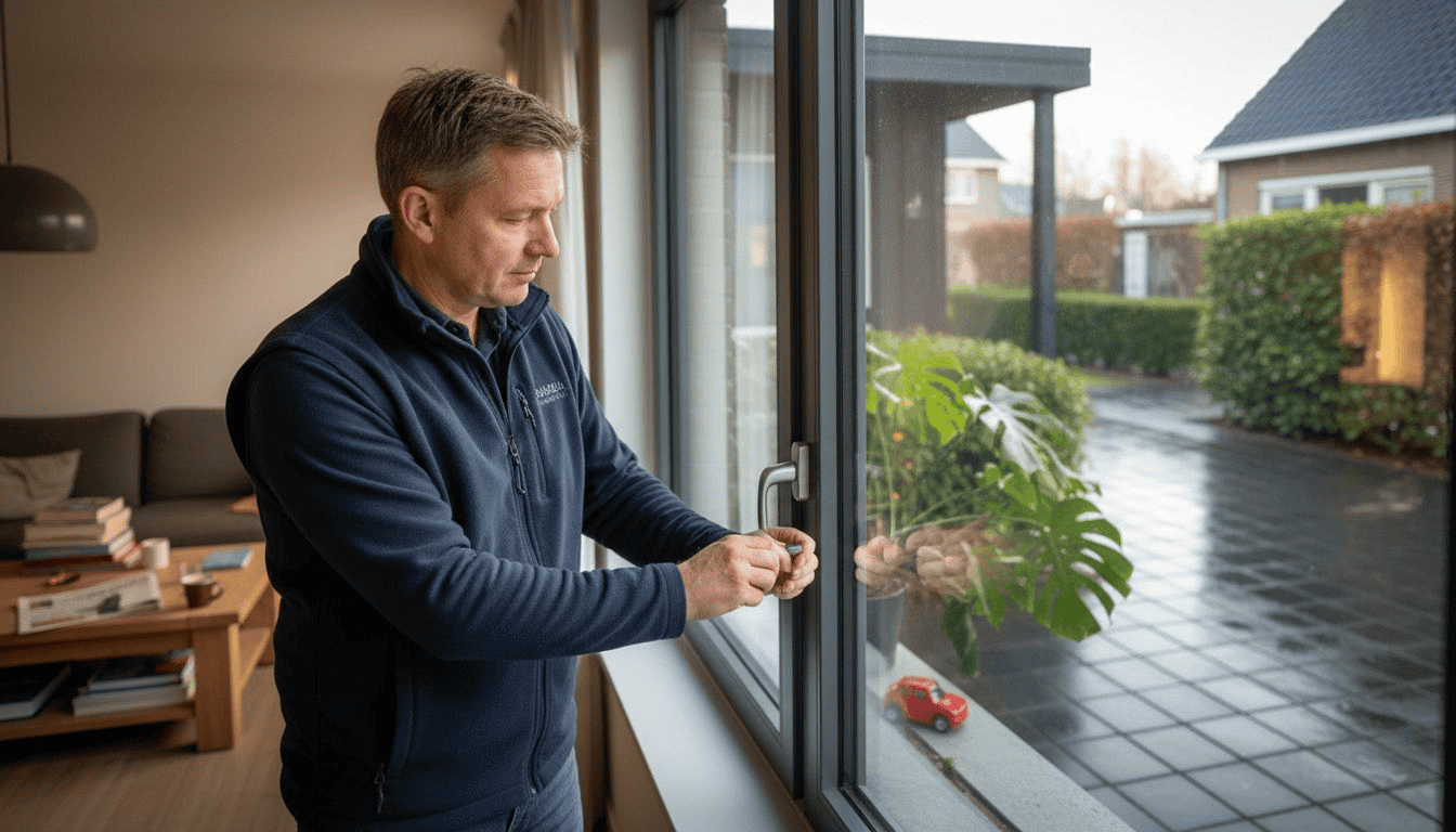 Man plaatst aluminium kozijnen in eengezinswoning