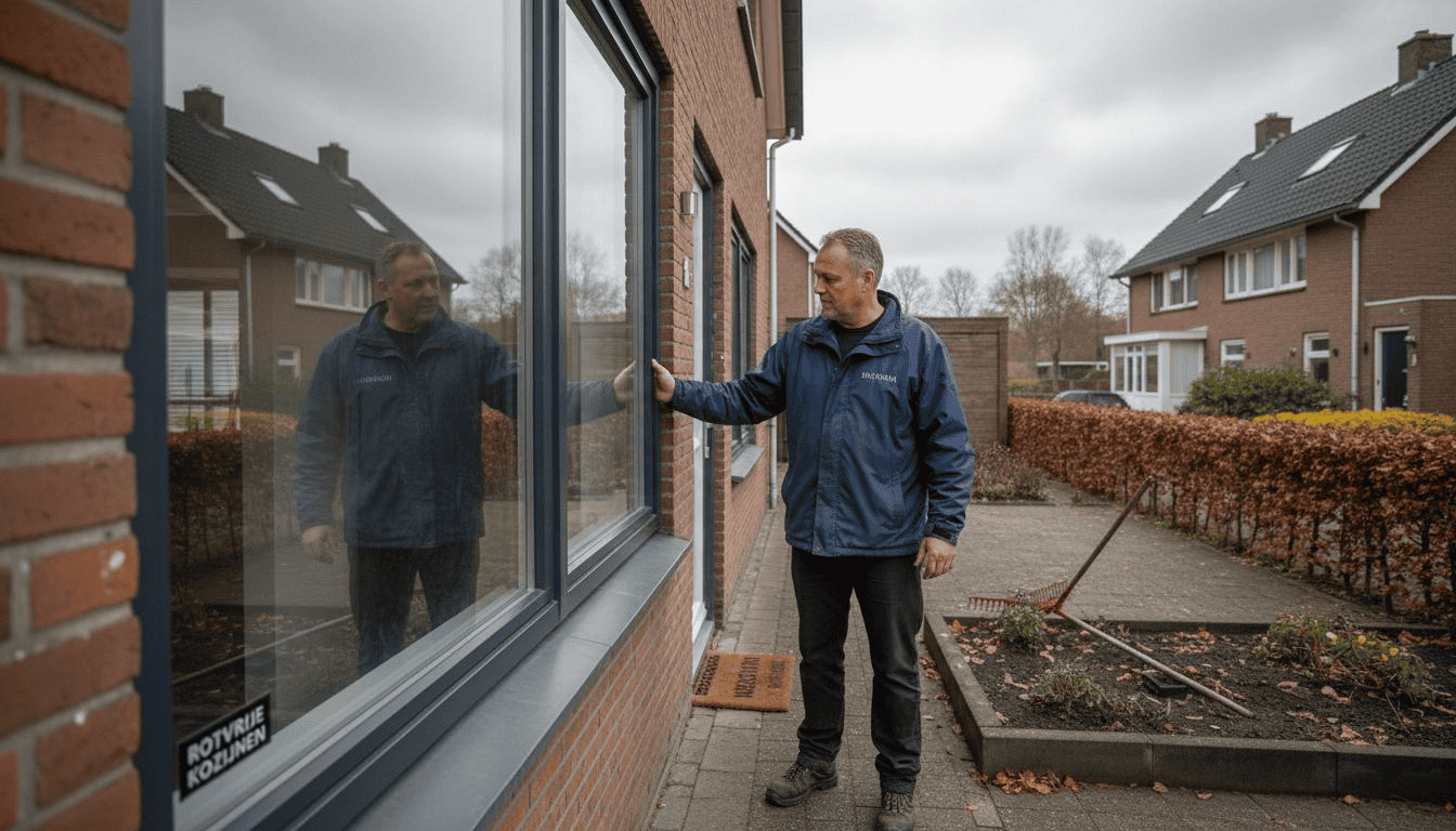 Huiseigenaar controleert kozijnen op rotvrij materiaal