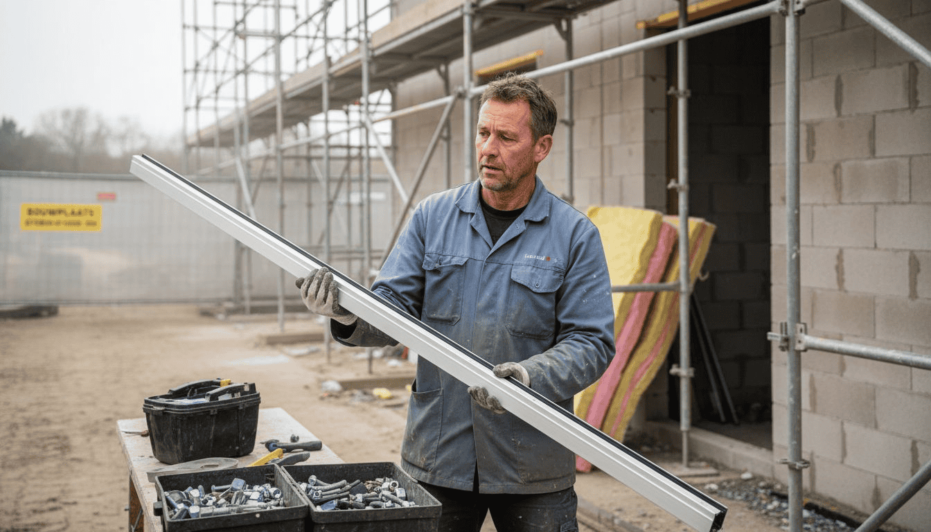 Een bouwvakker is bezig met het plaatsen van een aluminium profiel op de bouwplaats.
