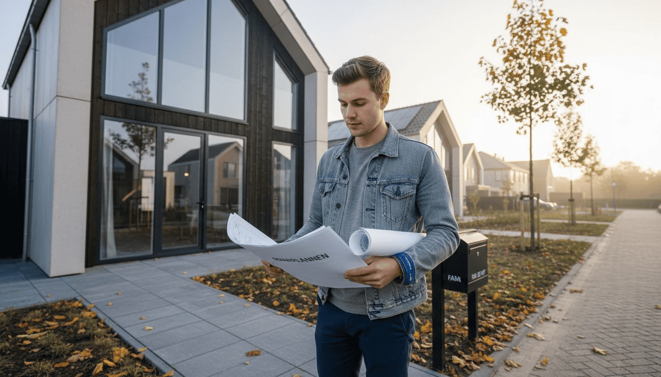 Een architect inspecteert een moderne woning met aluminium kozijnen.