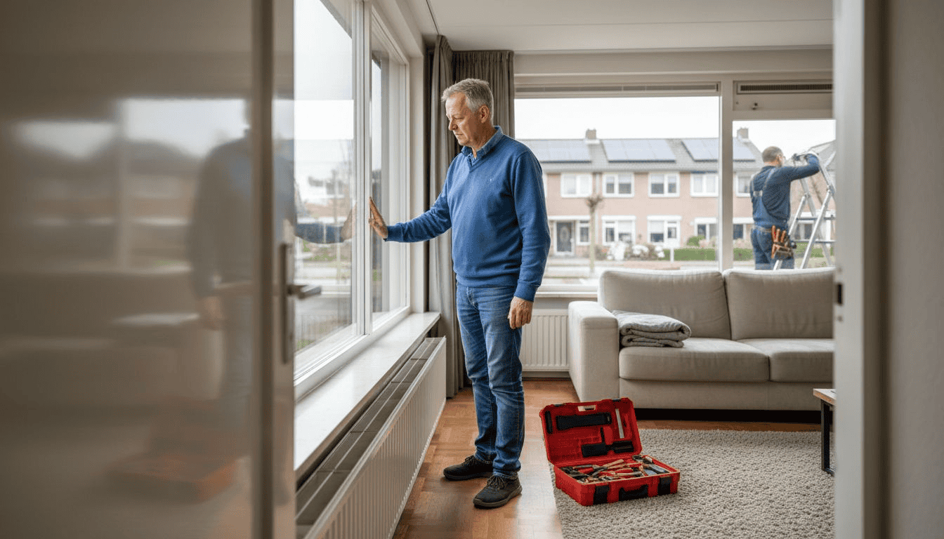 Man bekijkt de pas geplaatste aluminium kozijnen in de woonkamer
