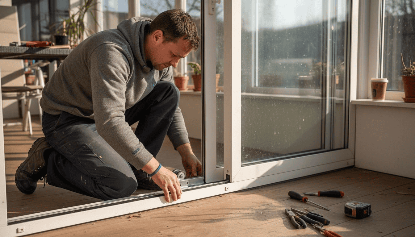 Een monteur stelt de onderdelen van een aluminium schuifdeur nauwkeurig af.