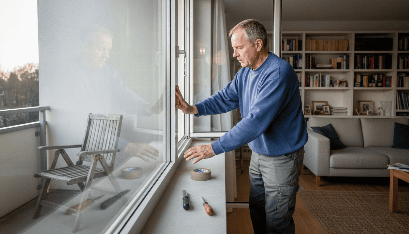 Een man bekijkt zorgvuldig de staat van aluminium en kunststof raamkozijnen.