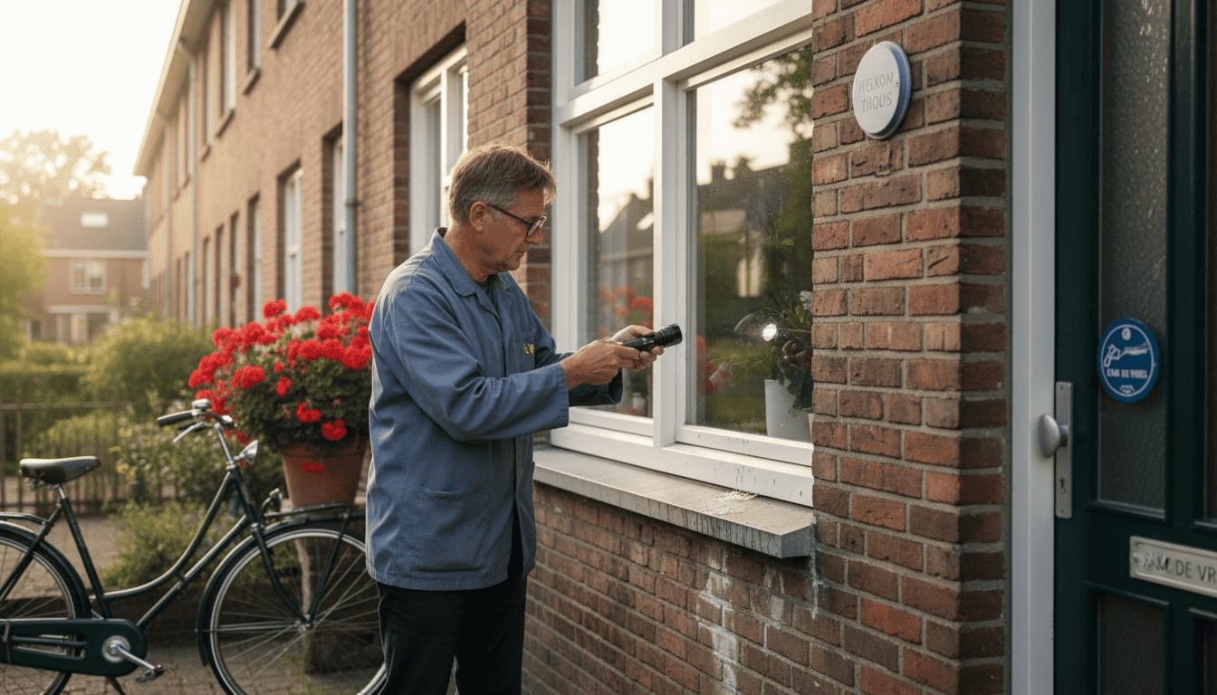 De woningeigenaar bekijkt de onlangs geplaatste aluminium kozijnen nauwkeurig.