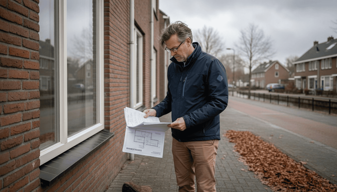 Een bouwinspecteur bekijkt of het aluminium kozijn stevig genoeg is om harde wind te weerstaan.