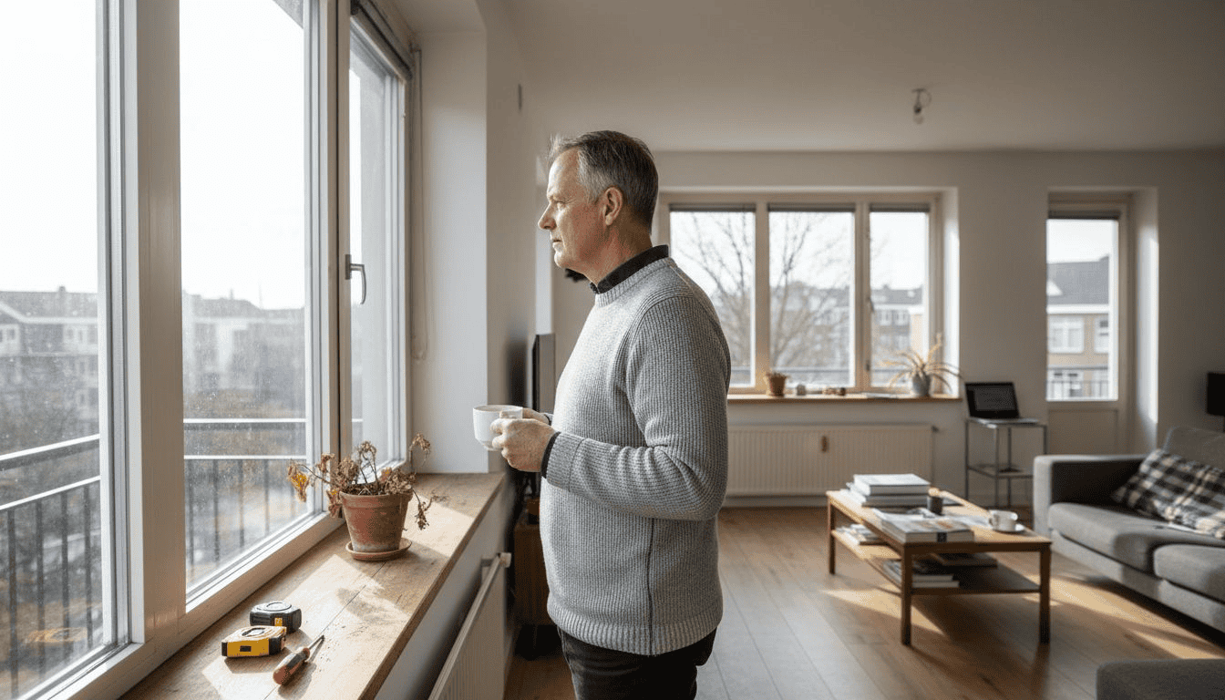 Een woningeigenaar inspecteert een nieuw kozijn.