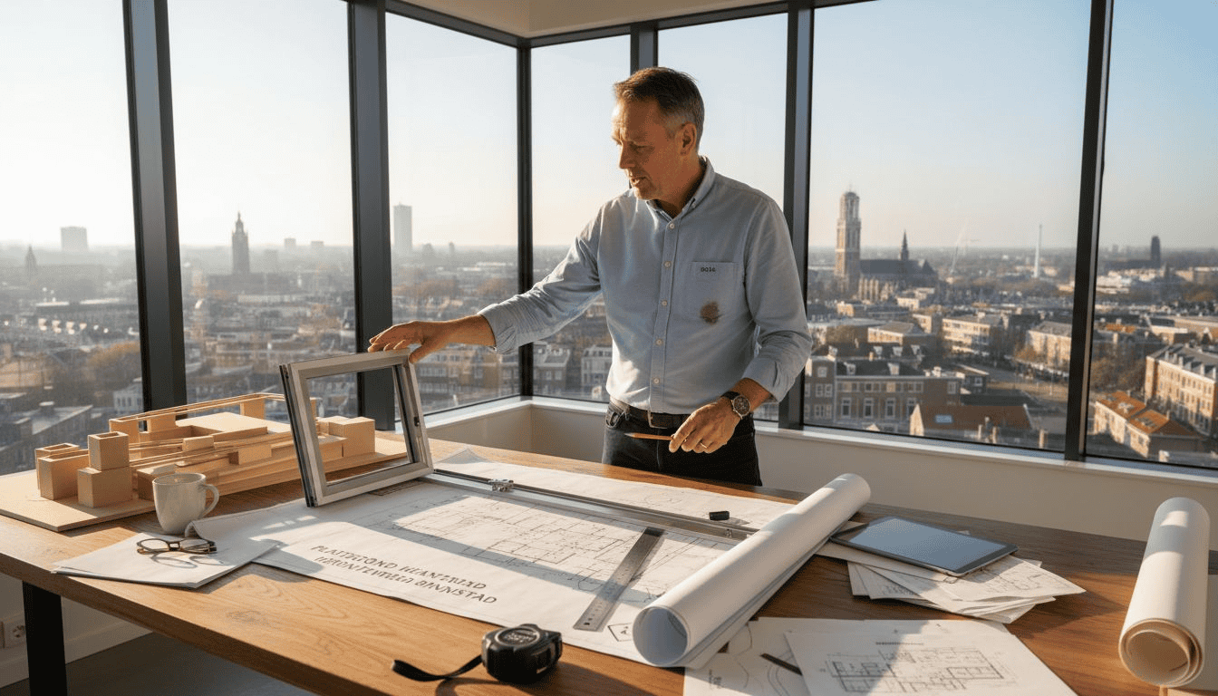 Architect beoordeelt ontwerptekening van kozijnen in Utrecht