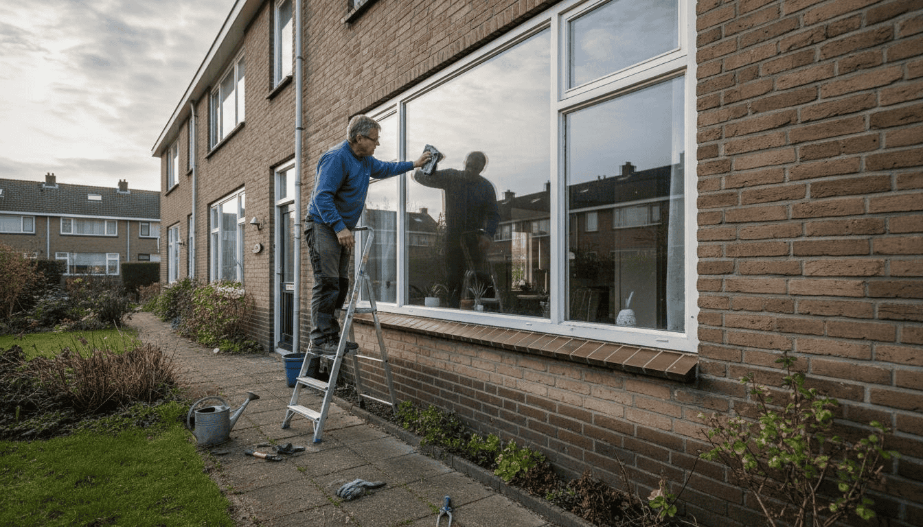 Een man maakt het aluminium kozijn van zijn huis schoon, terwijl hij buiten bij de bakstenen gevel staat.