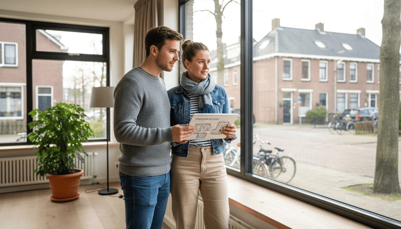 Een stel geniet van een eigentijdse woonkamer met stijlvolle ramen in staal-look.