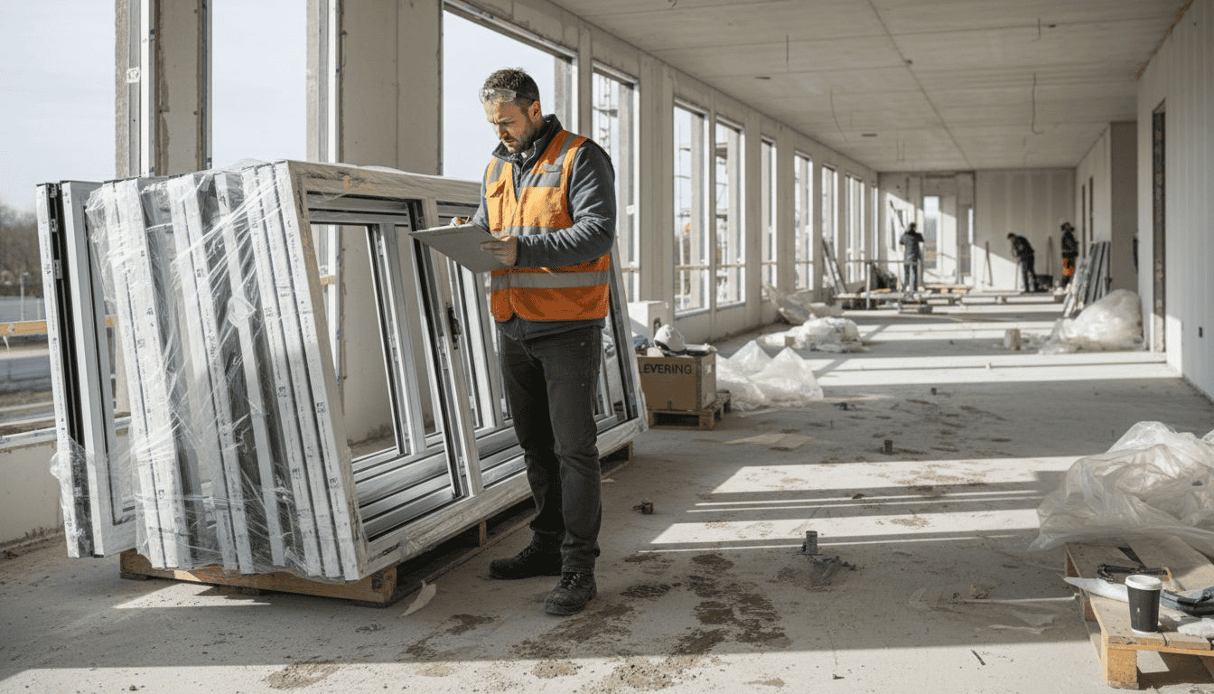 De uitvoerder controleert de aluminium kozijnen op kwaliteit en afwerking.