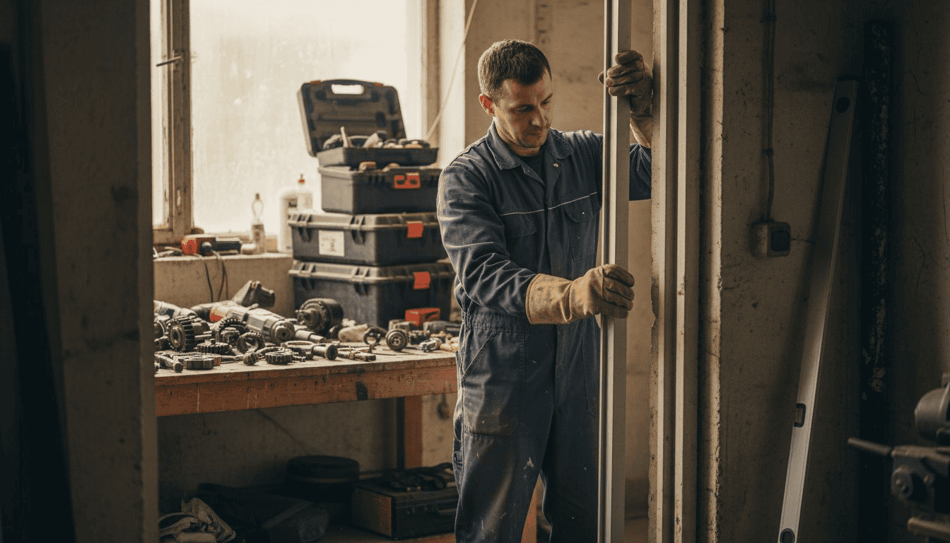 Een monteur monteert een aluminium deur in de werkplaats.