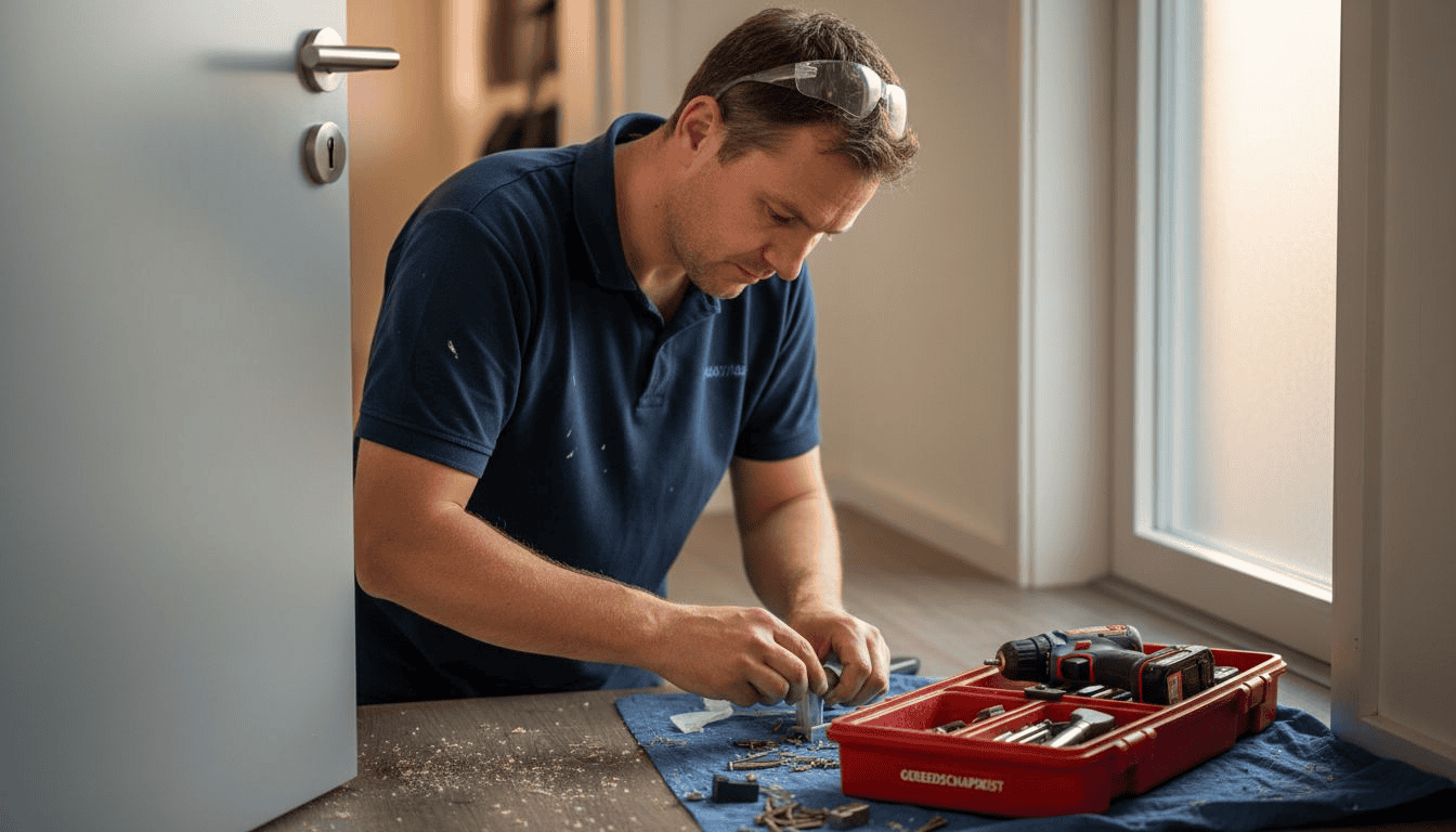 Een monteur bevestigt nieuwe hardware op een aluminium deur.