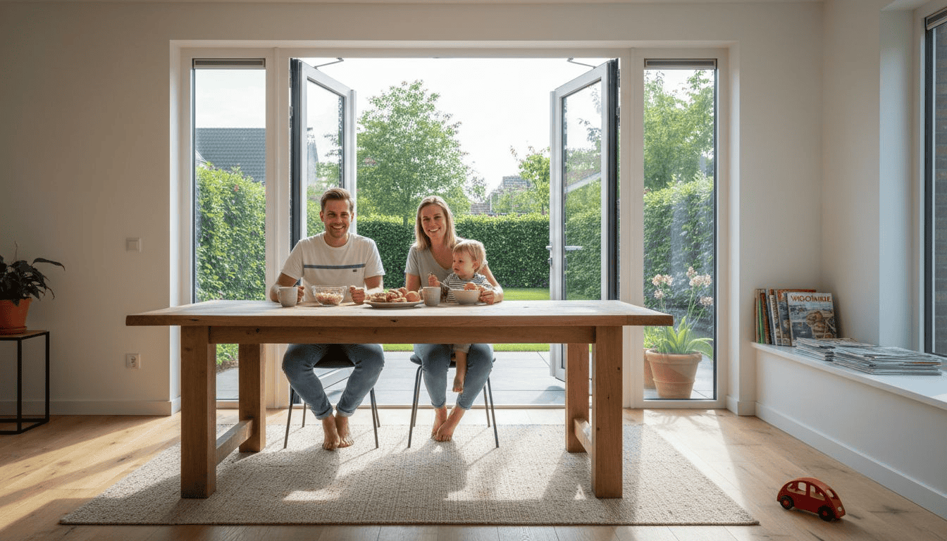 Met de aluminium schuifpui wijd open geniet het hele gezin van het buitenleven.