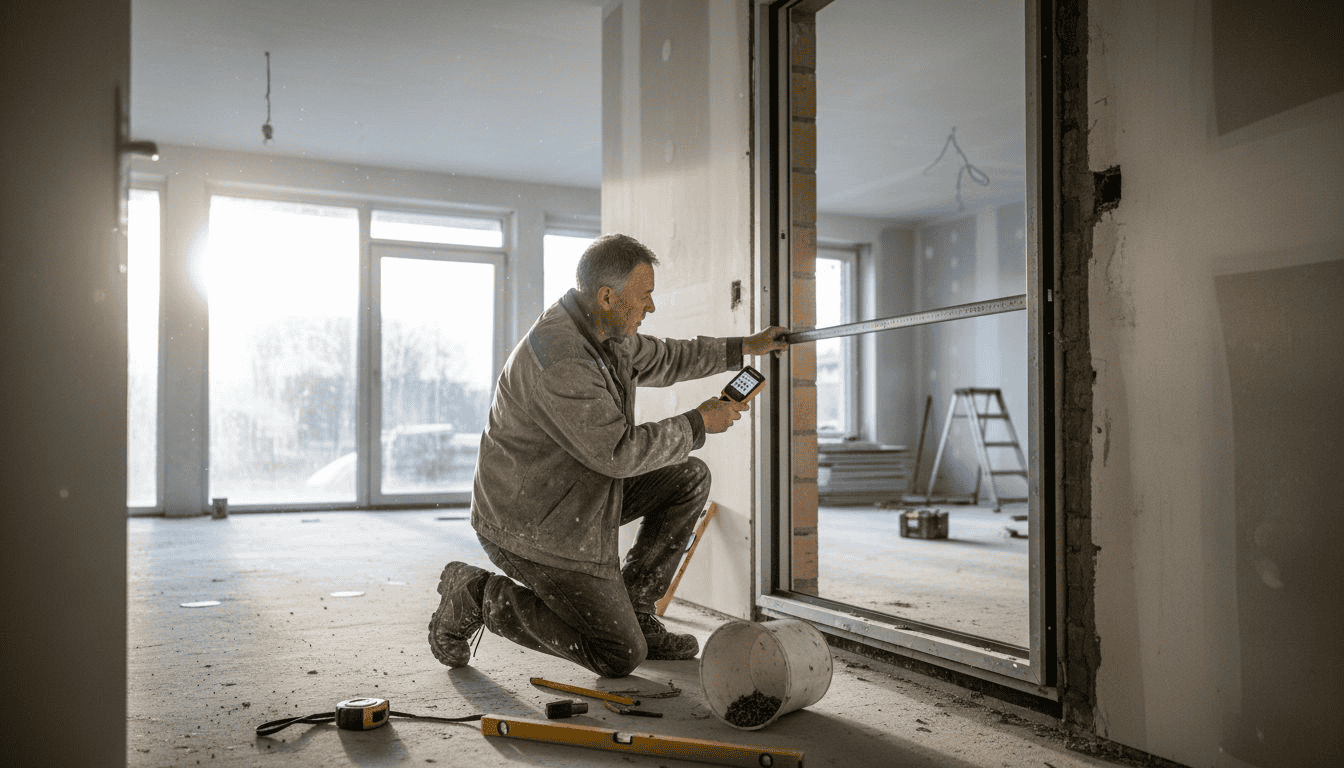 Een monteur meet de opening op waar straks een aluminium schuifdeur komt.