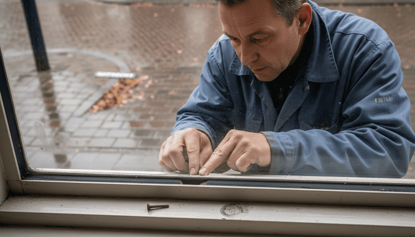 In Utrecht controleert een vakman de waterafvoer rondom het kozijn.