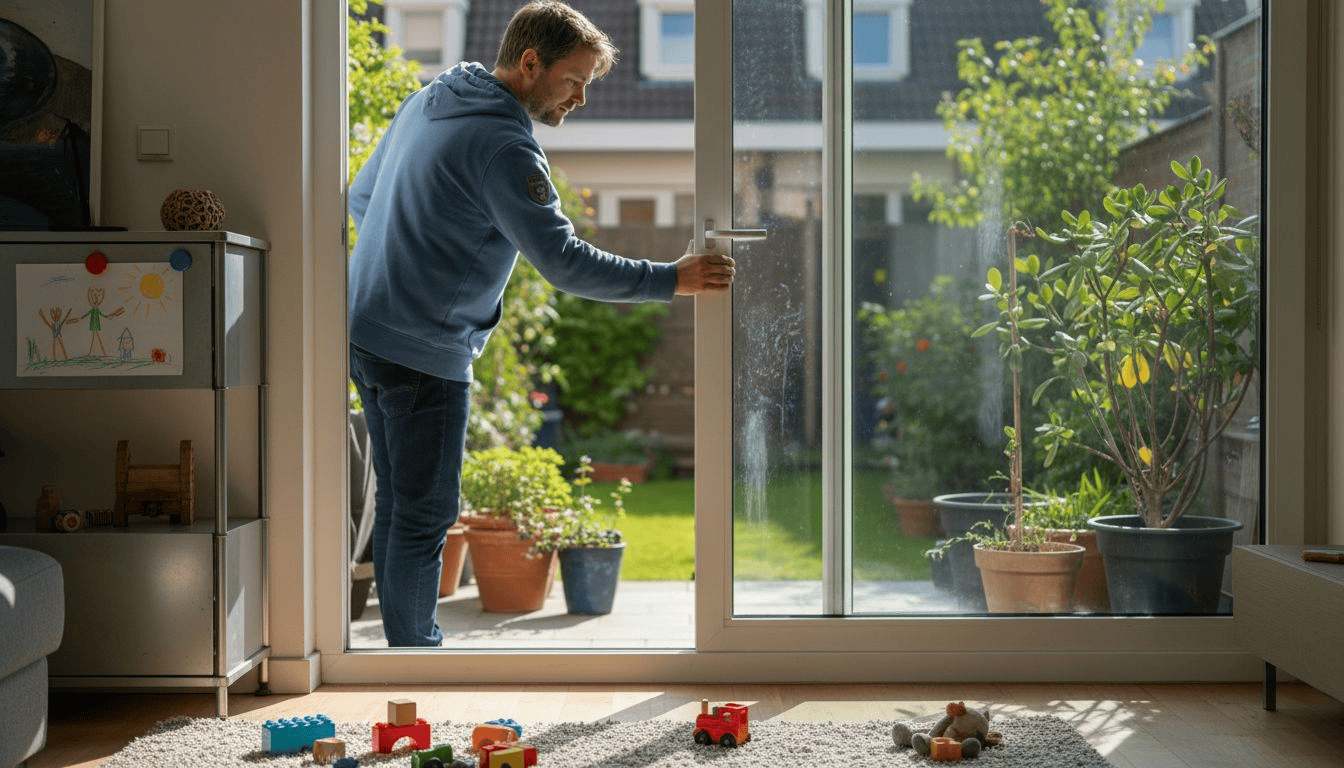 Een gezin schuift de deur open in hun lichte, ruime woning.