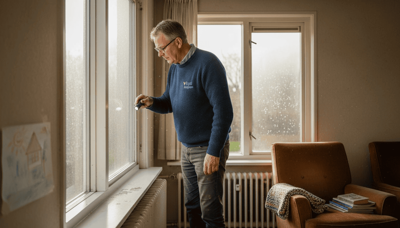 Een huiseigenaar controleert of er tocht langs het raam naar binnen komt.